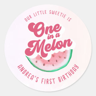 Pegatina Redonda Acuarela uno en un Melón Retro primer cumpleaños