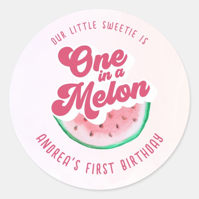 Pegatina Redonda Acuarela uno en un Melón Retro primer cumpleaños (Anverso)