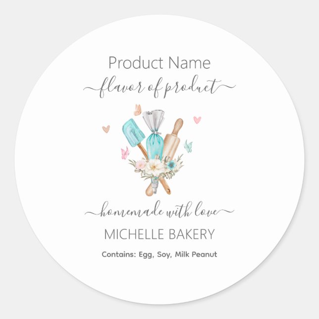 Pegatina Redonda Acuarela Utensilios de panadería Nombre del produc (Anverso)