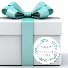 Pegatina Redonda Acuarela Verde azulada simple Boda de vino botánic