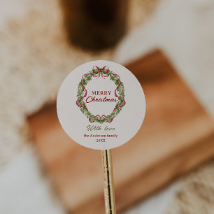 Pegatina Redonda Acuarela Verde Rojo Vestido Wreath Feliz Navidad