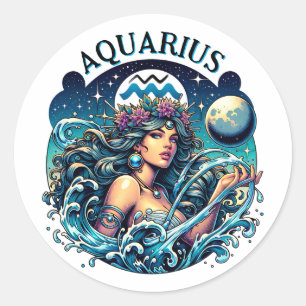 Pegatina Redonda Acuario Portador de Agua Mujer Hermosa Astrología