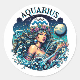Pegatina Redonda Acuario Portadora de Agua Mujer Hermosa Astrología