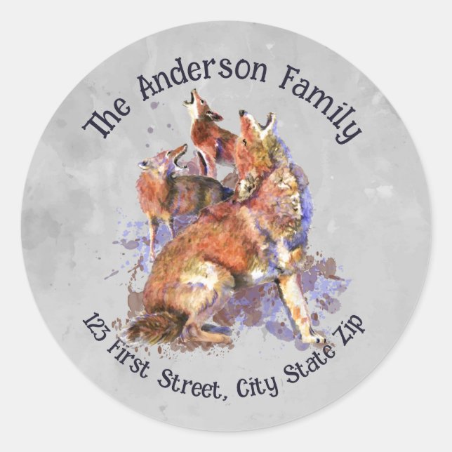 Pegatina Redonda Acumulación de acuarela Coyote Pack Wildlife Anima (Anverso)
