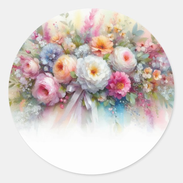 Pegatina Redonda Add Your Text Aquarell Floral Art Blank Template (Anverso)
