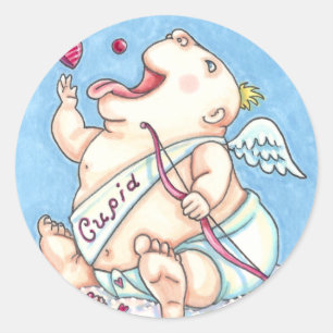 PEGATINA REDONDA ADICTO AL AMOR BEBÉ DIVERTIDO CUPIDO, CHOCOLATE CA