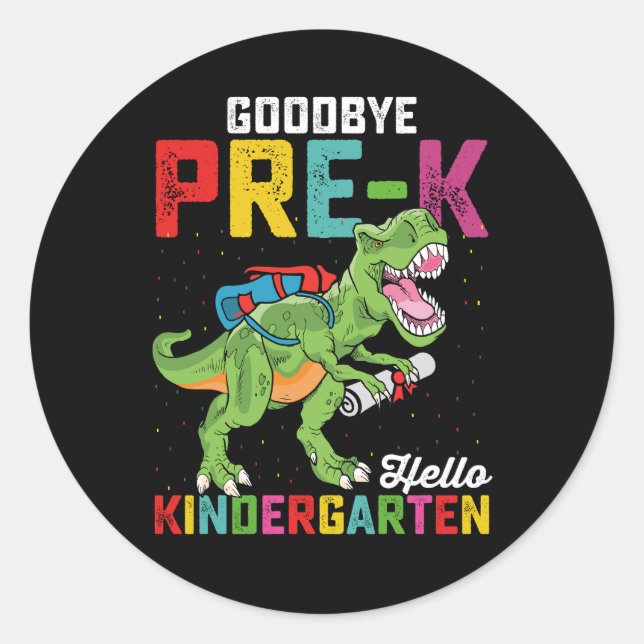Pegatina Redonda Adiós Pre K Hello Kindergarten T Rex School (Anverso)