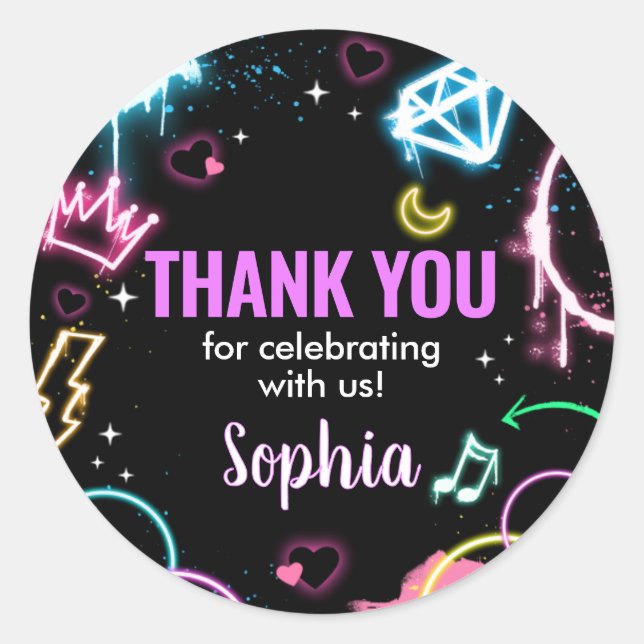 Pegatina Redonda Adolescente Neon XIII Fiesta de Cumpleaños (Anverso)