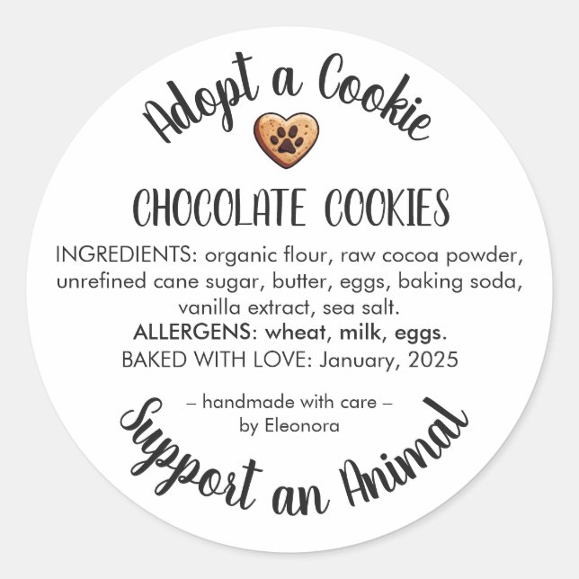 Pegatina Redonda Adopt a Cookie Animal Rescue Bakery Ingredients (Anverso)