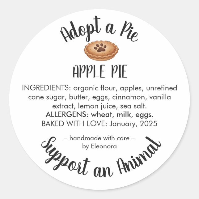 Pegatina Redonda Adopt a Pie Animal Rescue Bakery Ingredients (Anverso)