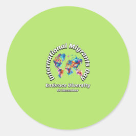 Pegatina Redonda Adoptar la Diversidad. Día Internacional del Migra