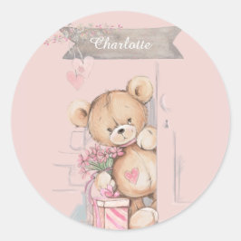 Pegatina Redonda Adorable acuarela Teddy Bear Baby Shower Square
