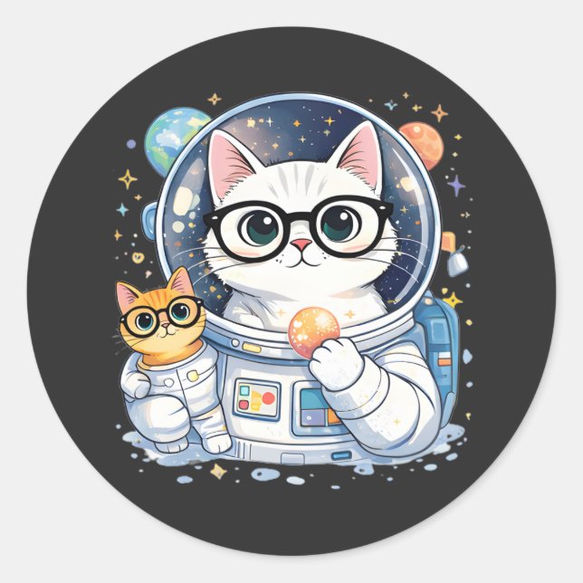 Pegatina Redonda Adorable Astronaut Cats Exploring the Galaxy (Anverso)