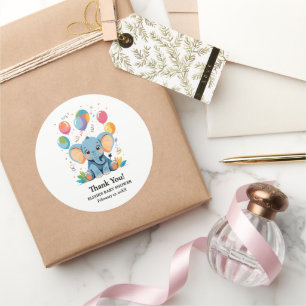 Pegatina Redonda Adorable Baby Elephant Balloons Baby Shower