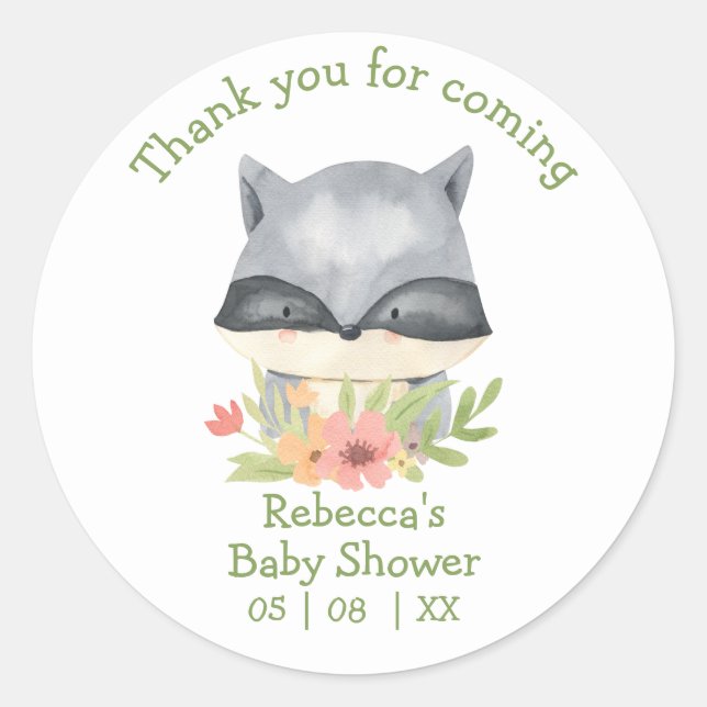 Pegatina Redonda Adorable Baby Raccoon Baby Shower Gracias Classi (Anverso)
