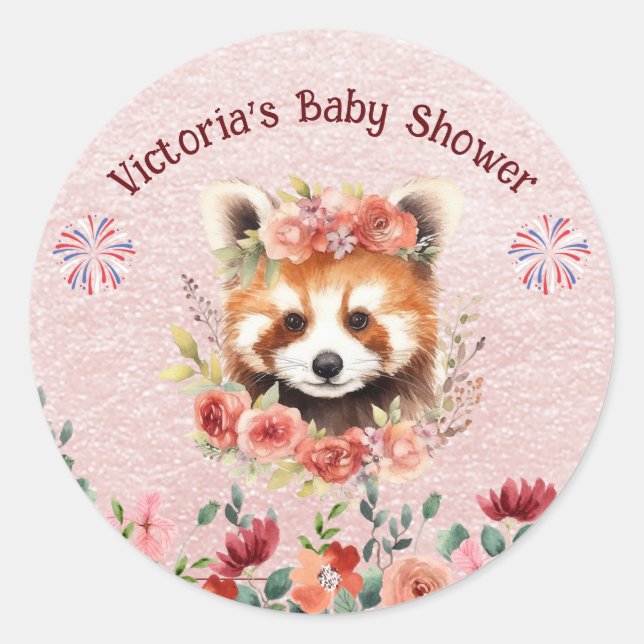 Pegatina Redonda Adorable Baby Red Panda Bear Baby Shower (Anverso)