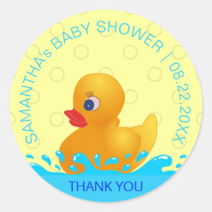 Pegatina Redonda Adorable Baby Shower amarillo azul caucho Ducky