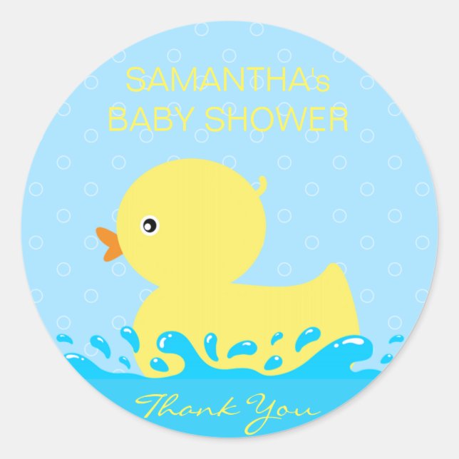 Pegatina Redonda Adorable Baby Shower amarillo azul caucho Ducky (Anverso)