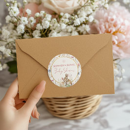 Pegatina Redonda Adorable Baby Shower de Flores Silvestres Beige Du