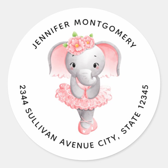 Pegatina Redonda Adorable Ballerina Elephant En Pointe Dirección (Anverso)