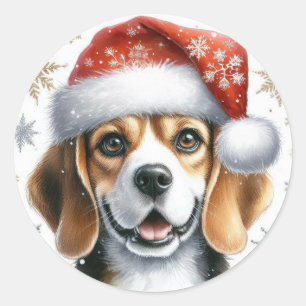 Pegatina Redonda Adorable Beagle de Navidad con Gorro de Papá Noel