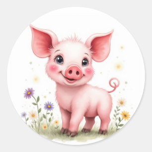 Pegatina Redonda Adorable bebé cerdito sonriente con ojos grandes,