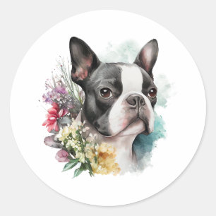 Pegatina Redonda Adorable Boston Terrrier y flores