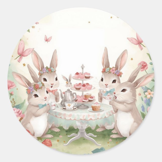 Pegatina Redonda Adorable Bunny Tea Party Favor & Envelope Sticker (Anverso)