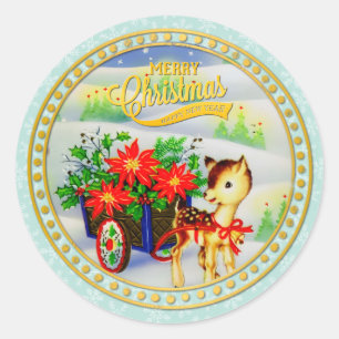 Pegatina Redonda Adorable Carro de Flores y Reno de Navidad Vintage