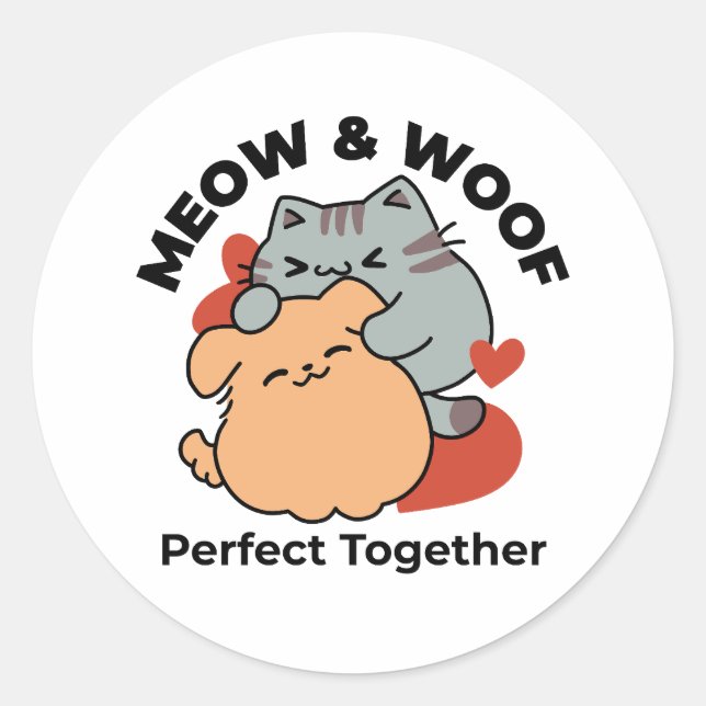 Pegatina Redonda Adorable Cat and Dog Hug - Diseño de Meow & Woof (Anverso)