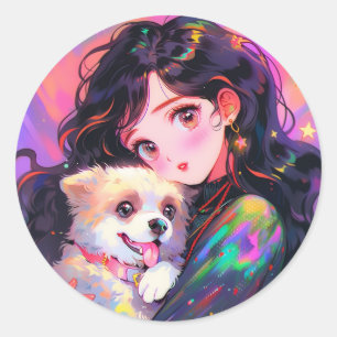 Pegatina Redonda Adorable Chica Retro Anime y su perro