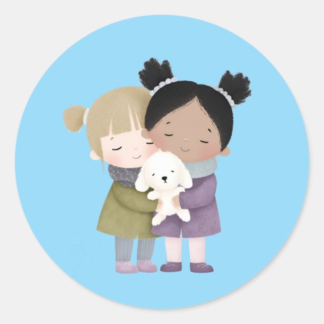 Pegatina Redonda Adorable Children Hugging Sticker  (Anverso)