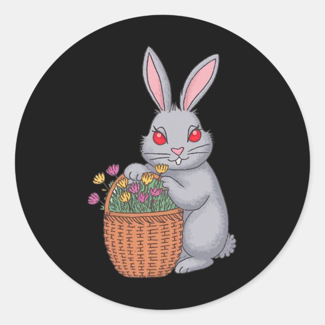 Pegatina Redonda Adorable Conejo De Pascua Con Flor (Anverso)