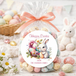 Pegatina Redonda Adorable Conejo de Pascua de Acuarela Clásico Redo