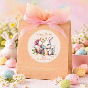 Pegatina Redonda Adorable conejo de Pascua en acuarela beige