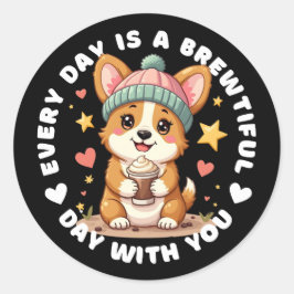 Pegatina Redonda Adorable Corgi Coffee Lover