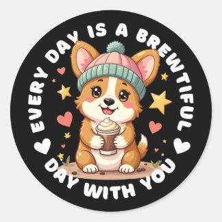 Pegatina Redonda Adorable Corgi Coffee Lover
