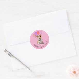Pegatina Redonda Adorable Corgi Rosa Cumpleaños Personalizable