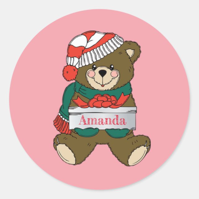 Pegatina Redonda Adorable Cuidad Grandes Navidades Teddy Bear (Anverso)