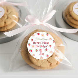 Pegatina Redonda Adorable Daisy Pastel Berry Primer Chica de Cumple