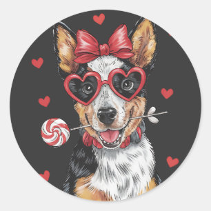 Pegatina Redonda Adorable Día de San Valentín de perro de ganado au