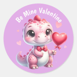 Pegatina Redonda Adorable Dinosaurio Valentine con globo de corazón