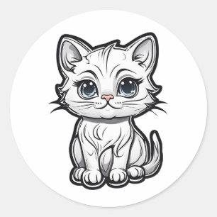 Pegatina Redonda Adorable diseño de gato blanco para los amantes de