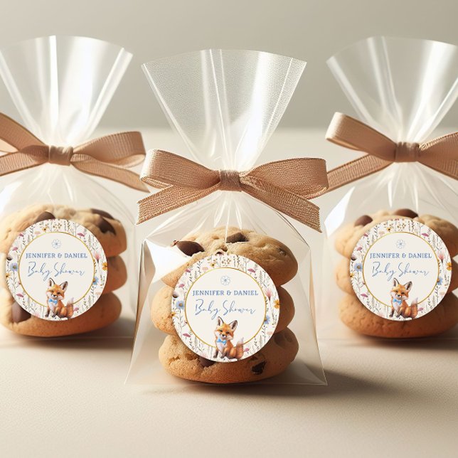 Pegatina Redonda Adorable Dusty Blue Woodland Fox Baby Shower (Subido por el creador)
