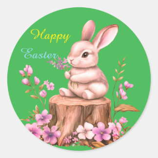 Pegatina Redonda Adorable Easter Bunny on Tree Stump Sticker