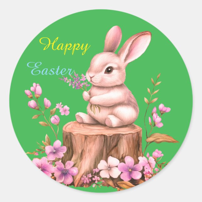 Pegatina Redonda Adorable Easter Bunny on Tree Stump Sticker (Anverso)
