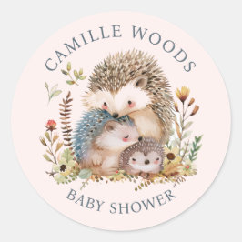 Pegatina Redonda Adorable Familia Hedgehog Baby Shower Pink