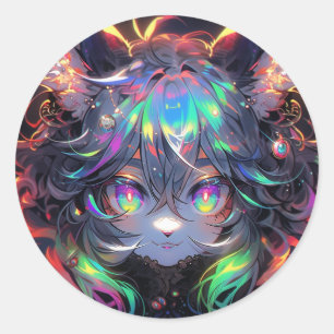 Pegatina Redonda Adorable Gatita Arcoíris Furry Anime