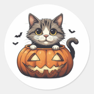 Pegatina Redonda Adorable Gatito En Tema De Jack O Lantern 🎃