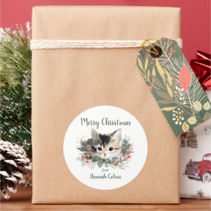 Pegatina Redonda Adorable Gato de Tres Colores Festivo Regalo de Na